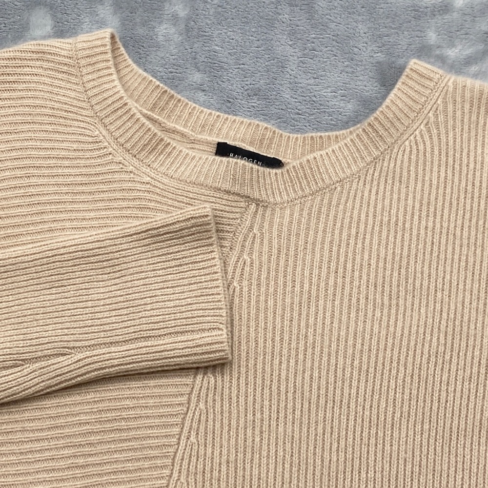 Halogen Sweater Womens 1/Small Wool Cashmere Asymmetric Ribbed Sweater Beige